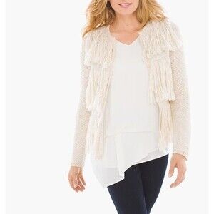 Chicos Fringe Cardigan Sweater M Ivory Metallic Western Cowgirl Boho Festival